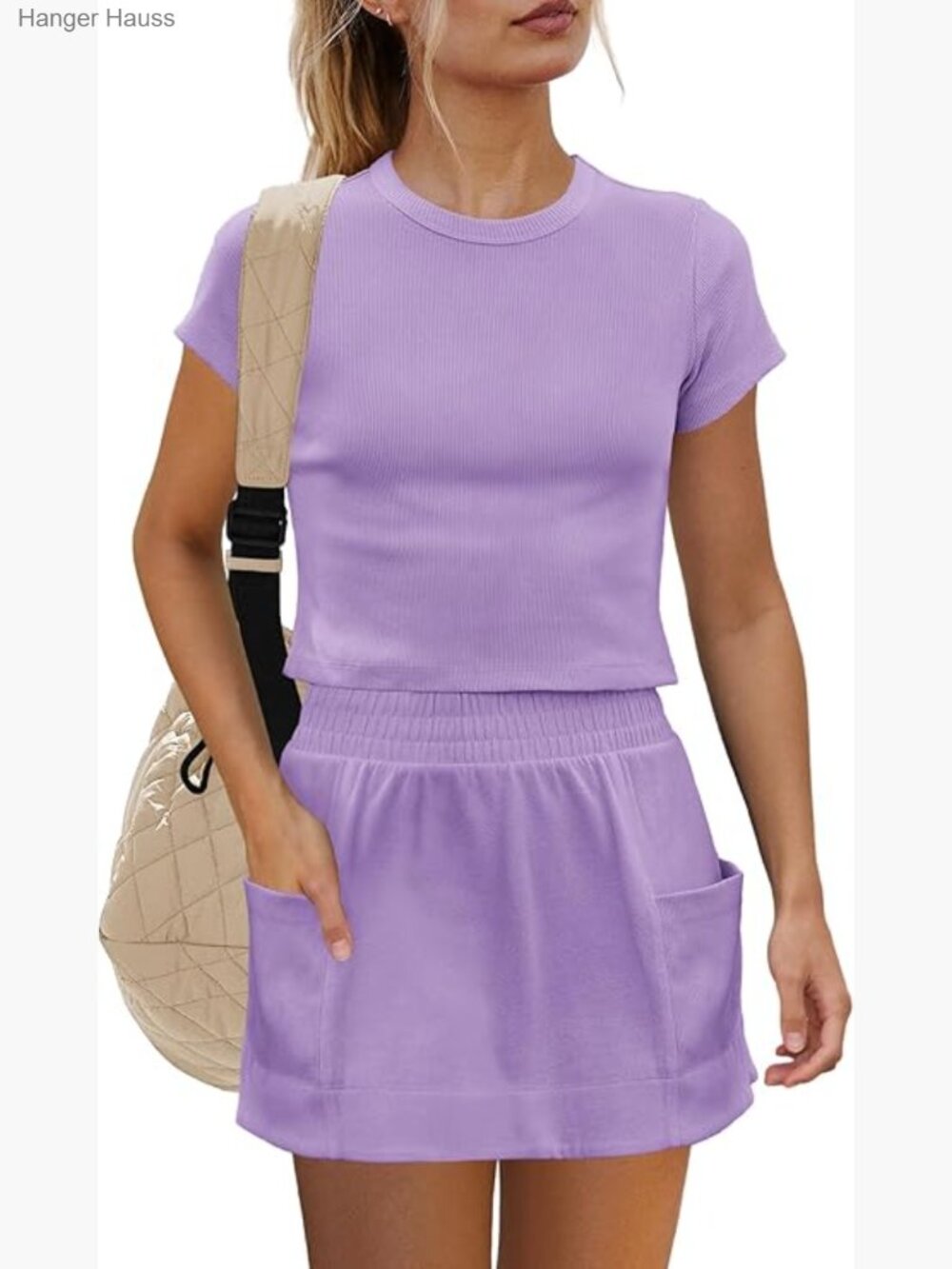 2 Piece Tennis Skirt Set with Pockets Short Sleeve Crop Top Skort